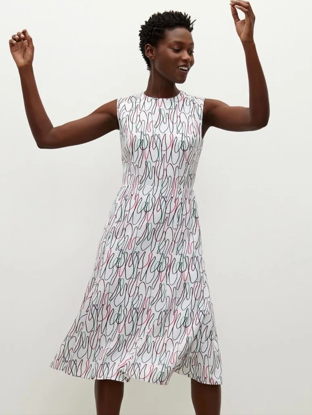 M.M.LaFleur The Jane Dress Freeform Multi Scribble White Print Midi Fit Flare 10
